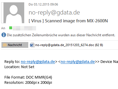 Screenshot of a spam mail with a manipulated attachment to infect the PC with Dridex