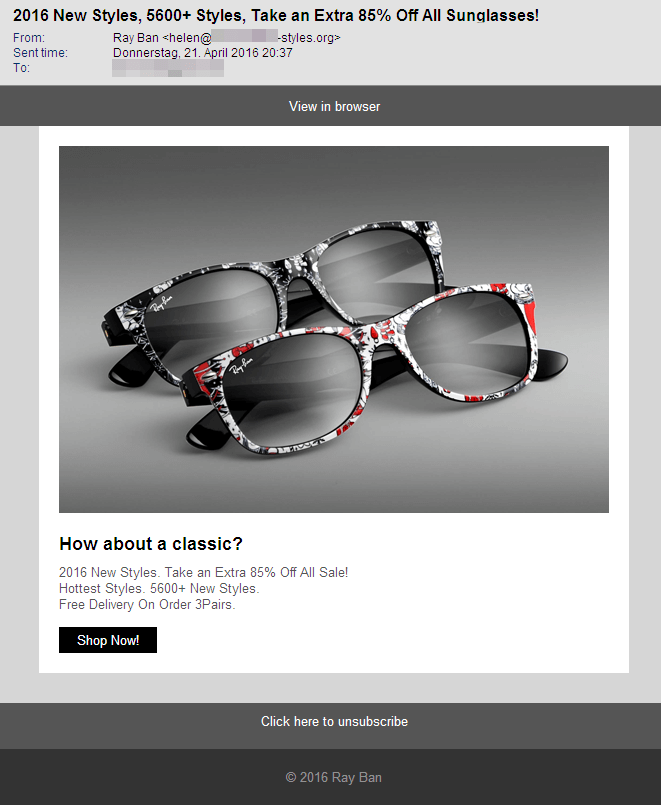 Sunglasses Spam: 85% Discount? That has 