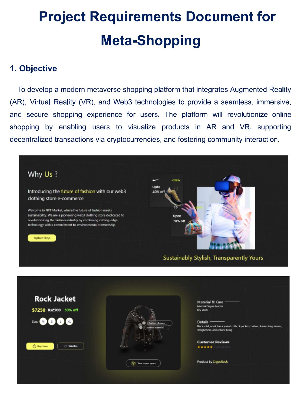 Screenshot of a document that outlines the background of a sample task and contains mockups of a shopping platform products. The task is to create in integration of AR, VR and various other technologies.