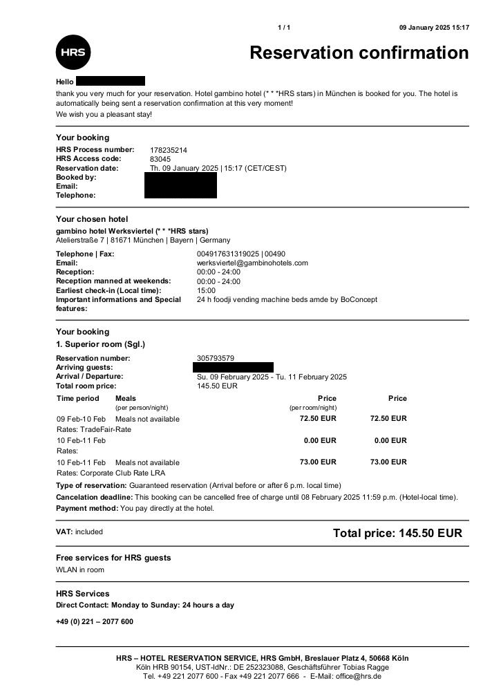 A reservation confirmation from HRS for a stay at a hotel in Munich, Germany,